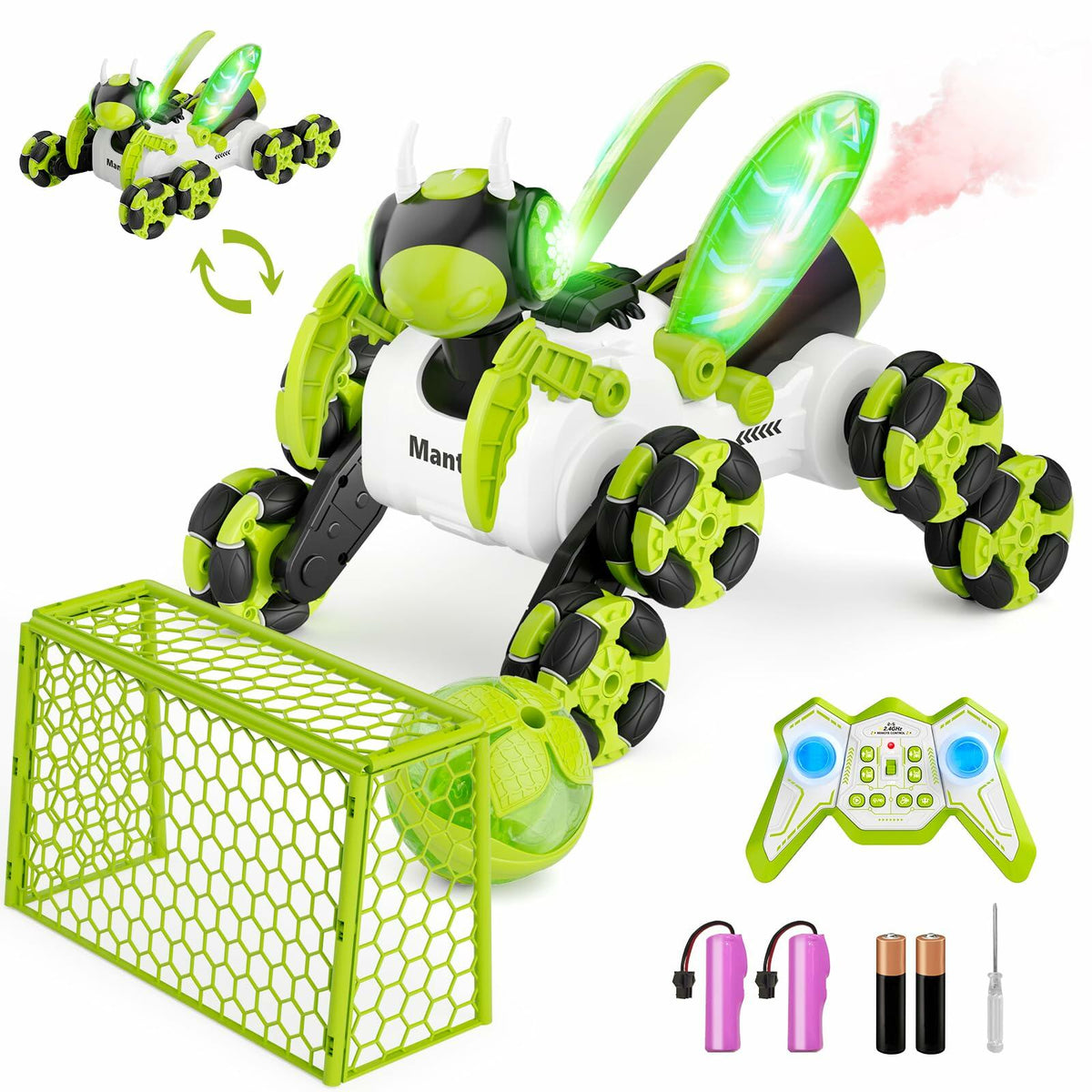 Coche RC de deriva Terucle 8WD mantis biónico, 2.4GHz, luces LED, música, spray, verde