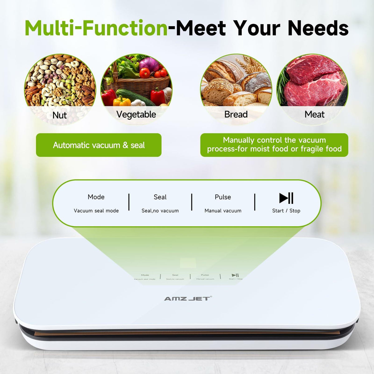 Envasadora al vacío Amz Jet para alimentos, digital con pantalla táctil LED, color blanco, incluye 50 bolsas