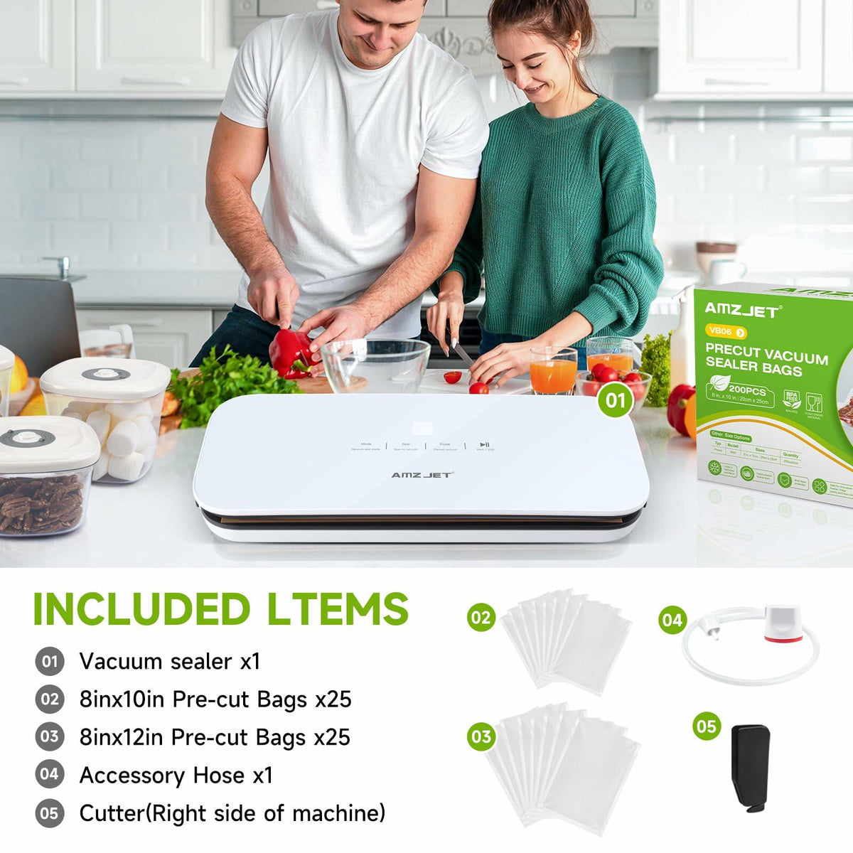 Envasadora al vacío Amz Jet para alimentos, digital con pantalla táctil LED, color blanco, incluye 50 bolsas