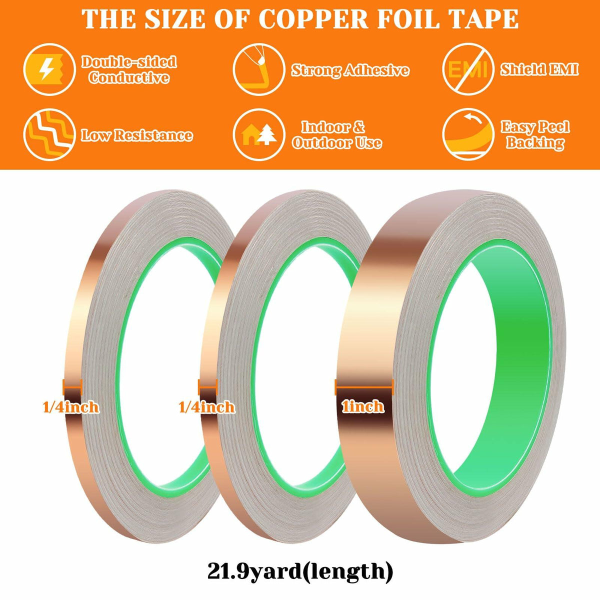 Oubaka Paquete de 3 cintas de lámina de cobre de doble cara de 1/4", 1/4", 1" para blindaje EMI