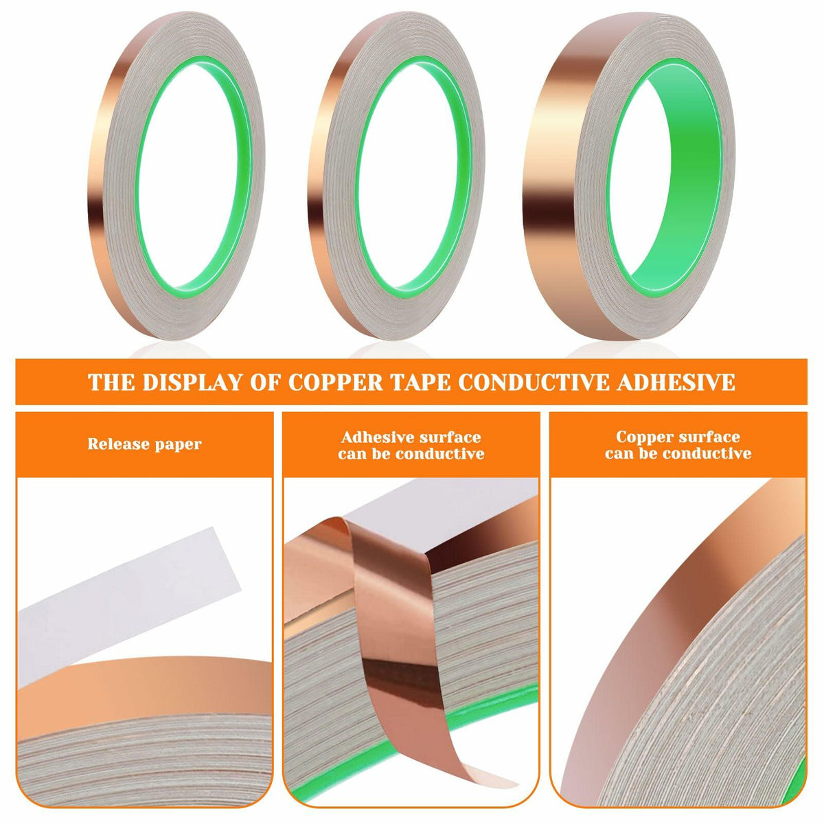 Oubaka Paquete de 3 cintas de lámina de cobre de doble cara de 1/4", 1/4", 1" para blindaje EMI