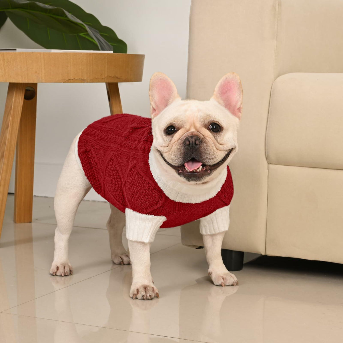 Suéter para perro KCFESTIHUE de punto trenzado con patrón de rombos y cuello de tortuga, color rojo, talla M