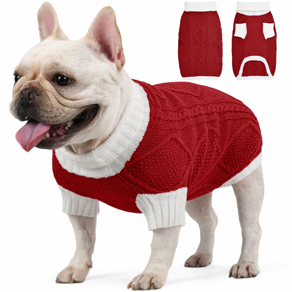 Suéter para perro KCFESTIHUE de punto trenzado con patrón de rombos y cuello de tortuga, color rojo, talla M