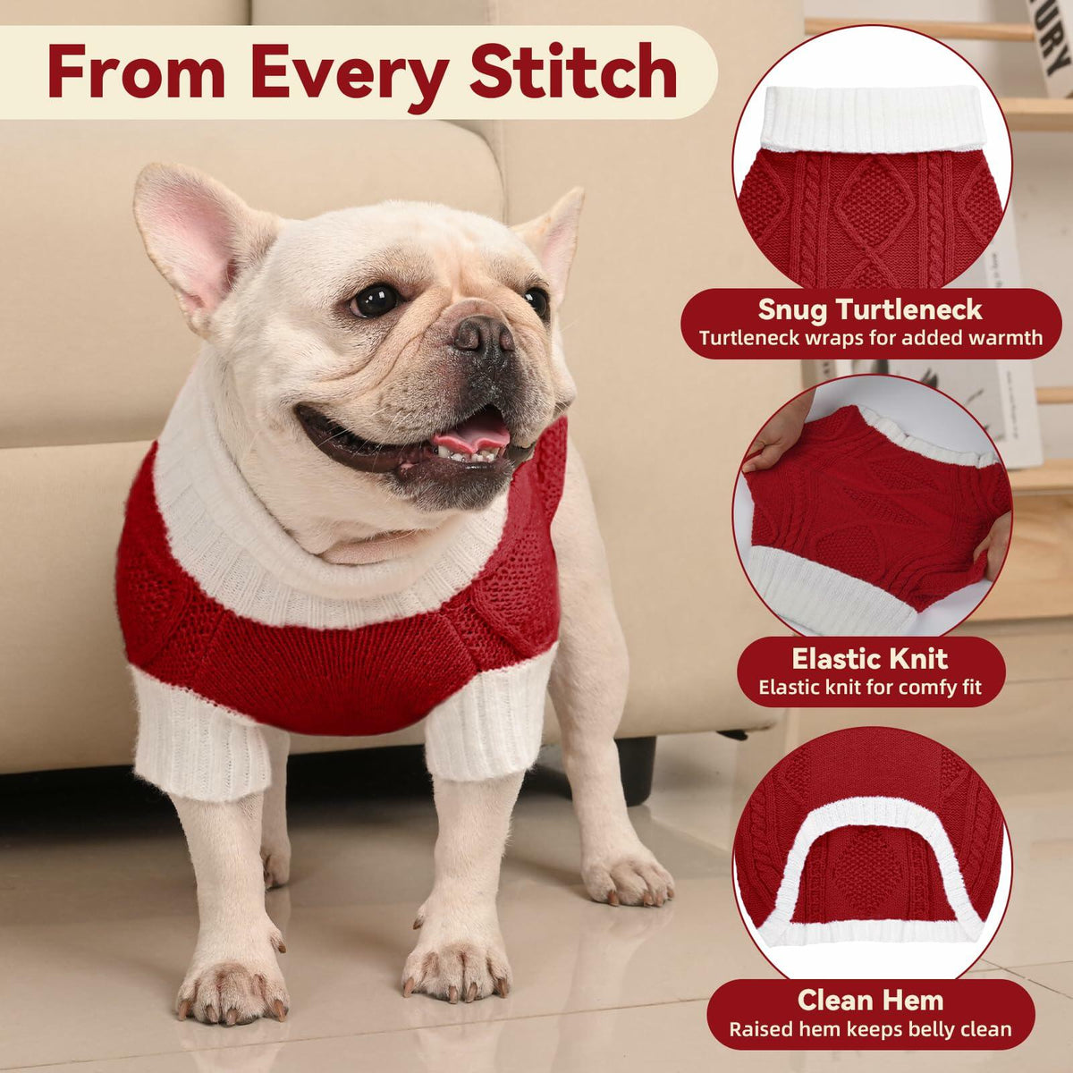 Suéter para perro KCFESTIHUE de punto trenzado con patrón de rombos y cuello de tortuga, color rojo, talla M