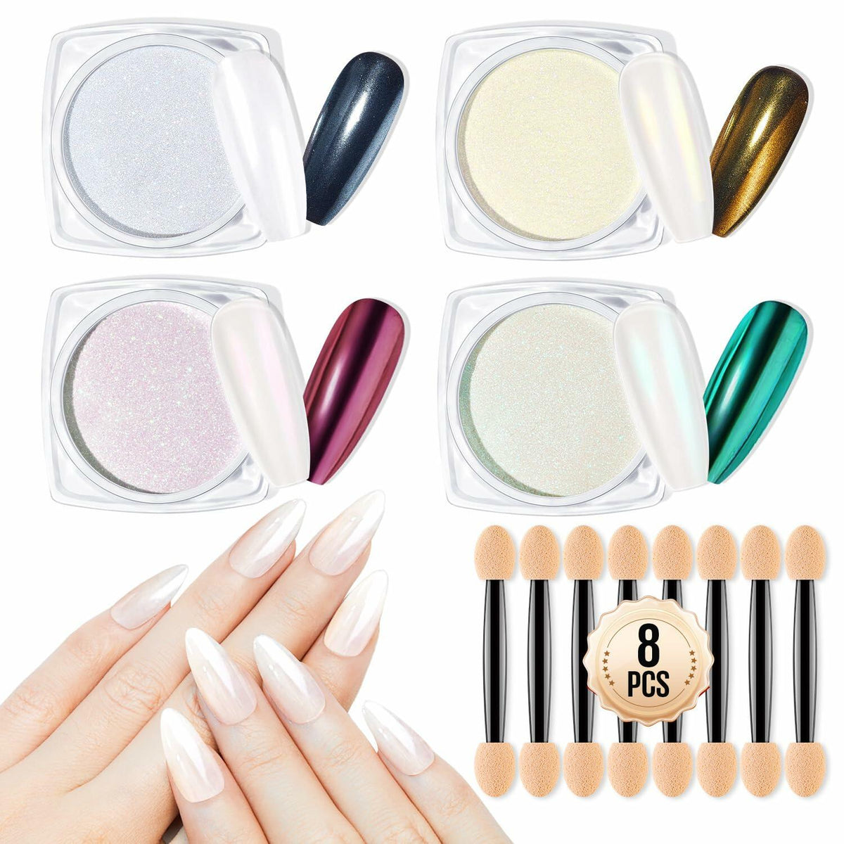Polvo de uñas cromado MEFA White Pearl, 4 piezas, pigmento nacarado con efecto espejo