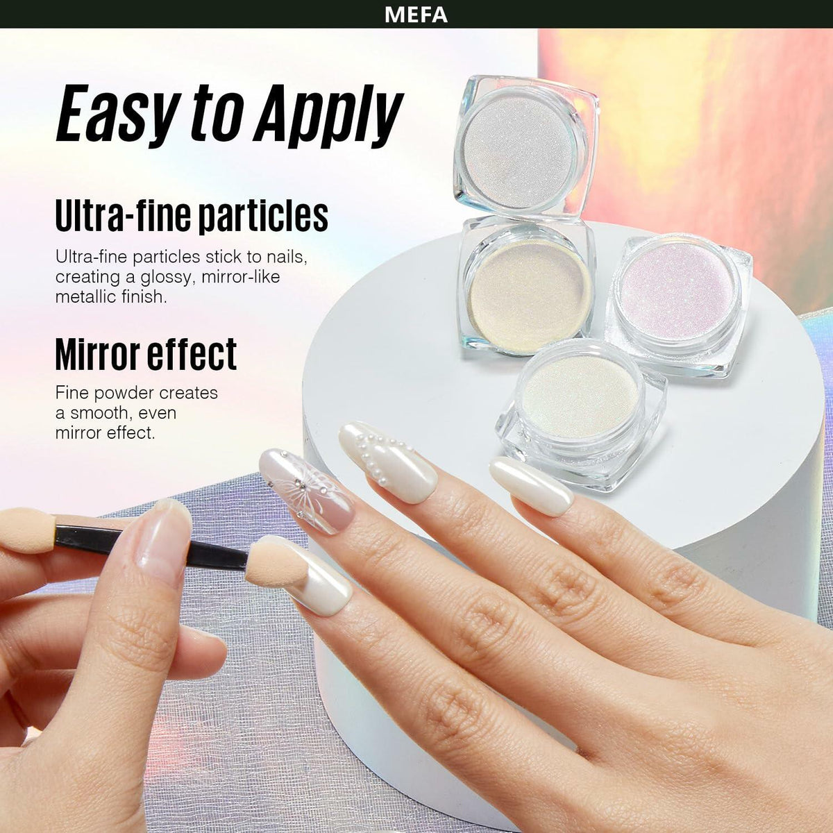 Polvo de uñas cromado MEFA White Pearl, 4 piezas, pigmento nacarado con efecto espejo