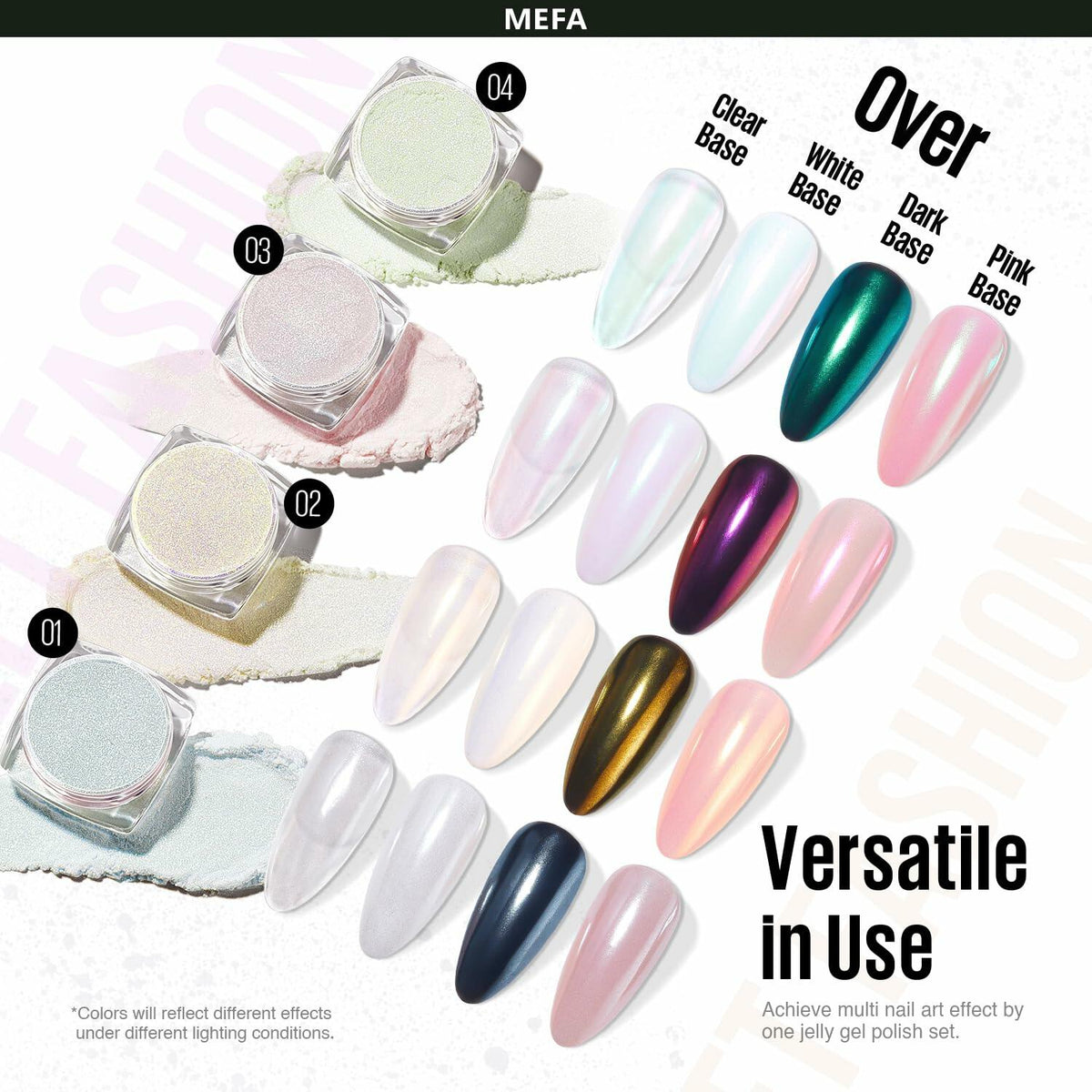 Polvo de uñas cromado MEFA White Pearl, 4 piezas, pigmento nacarado con efecto espejo