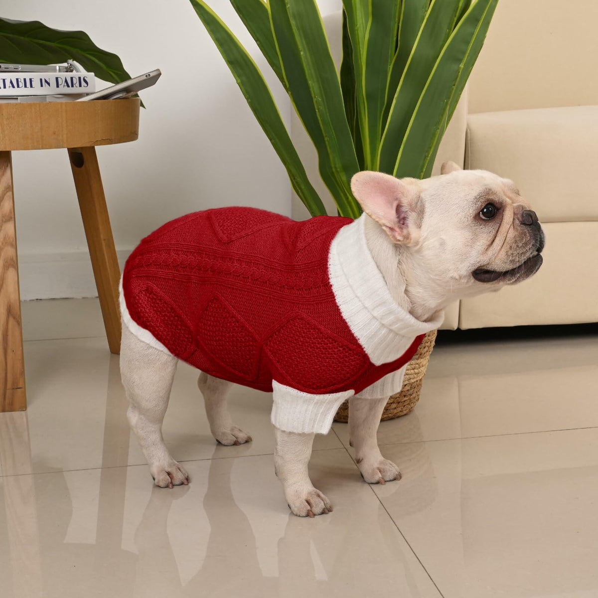 Suéter para perro KCFESTIHUE de punto trenzado con patrón de rombos y cuello de tortuga, color rojo, talla M