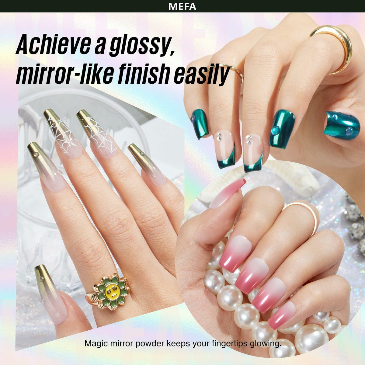 Polvo de uñas cromado MEFA White Pearl, 4 piezas, pigmento nacarado con efecto espejo