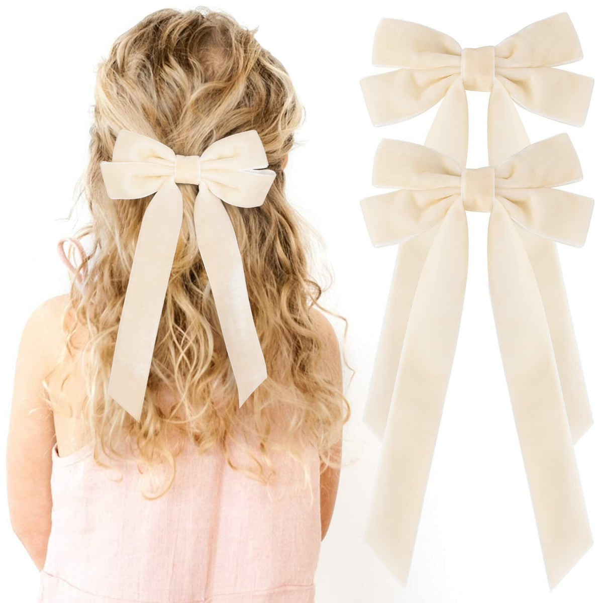 Aileam 2 lazos de terciopelo para el cabello, color marfil beige, pinzas de cocodrilo grandes para otoño