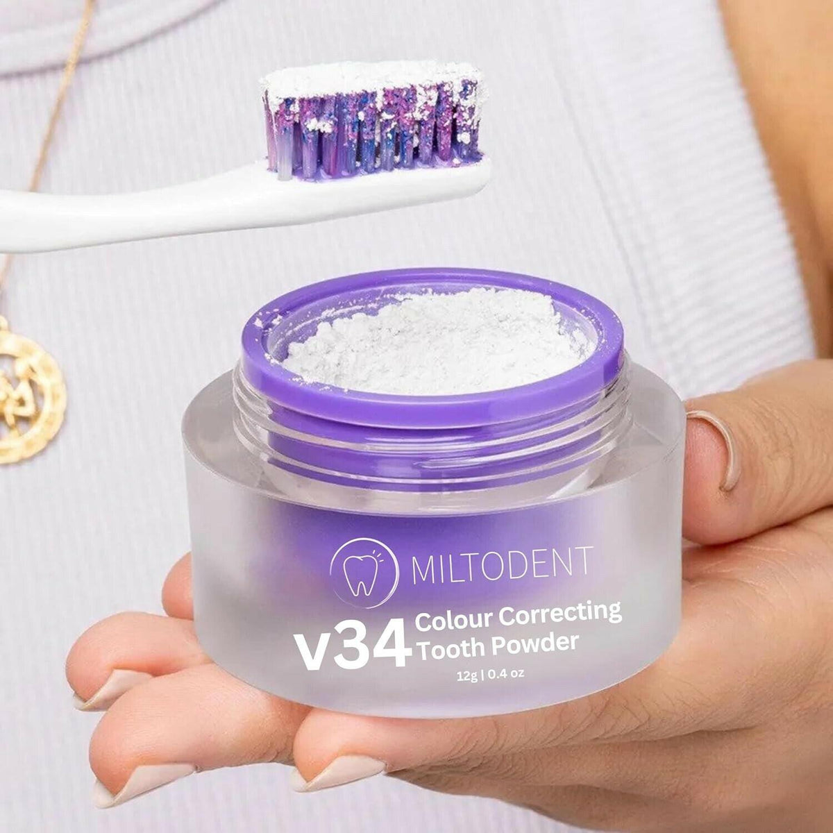 MILTODENT v34 Polvo blanqueador dental corrector de color y eliminador de manchas