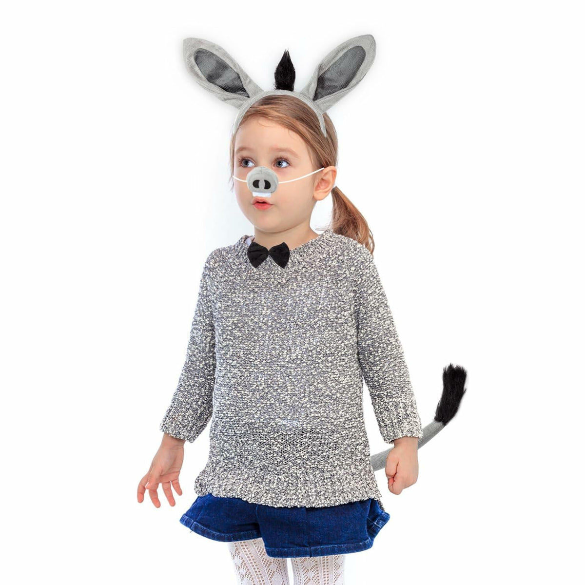 JIALWEN Set de disfraz de burro, orejas, nariz, cola, pajarita, kit de animal, gris, talla única