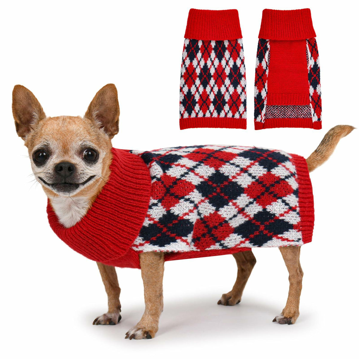 Suéter para perro KCFESTIHUE, tejido de punto con cuello alto, estampado de cuadros, rojo y azul, talla XS