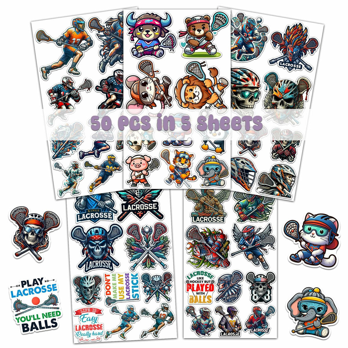 Pegatinas de lacrosse BIGZORO, calcomanías de vinilo impermeables, 50 unidades, estilo caricatura