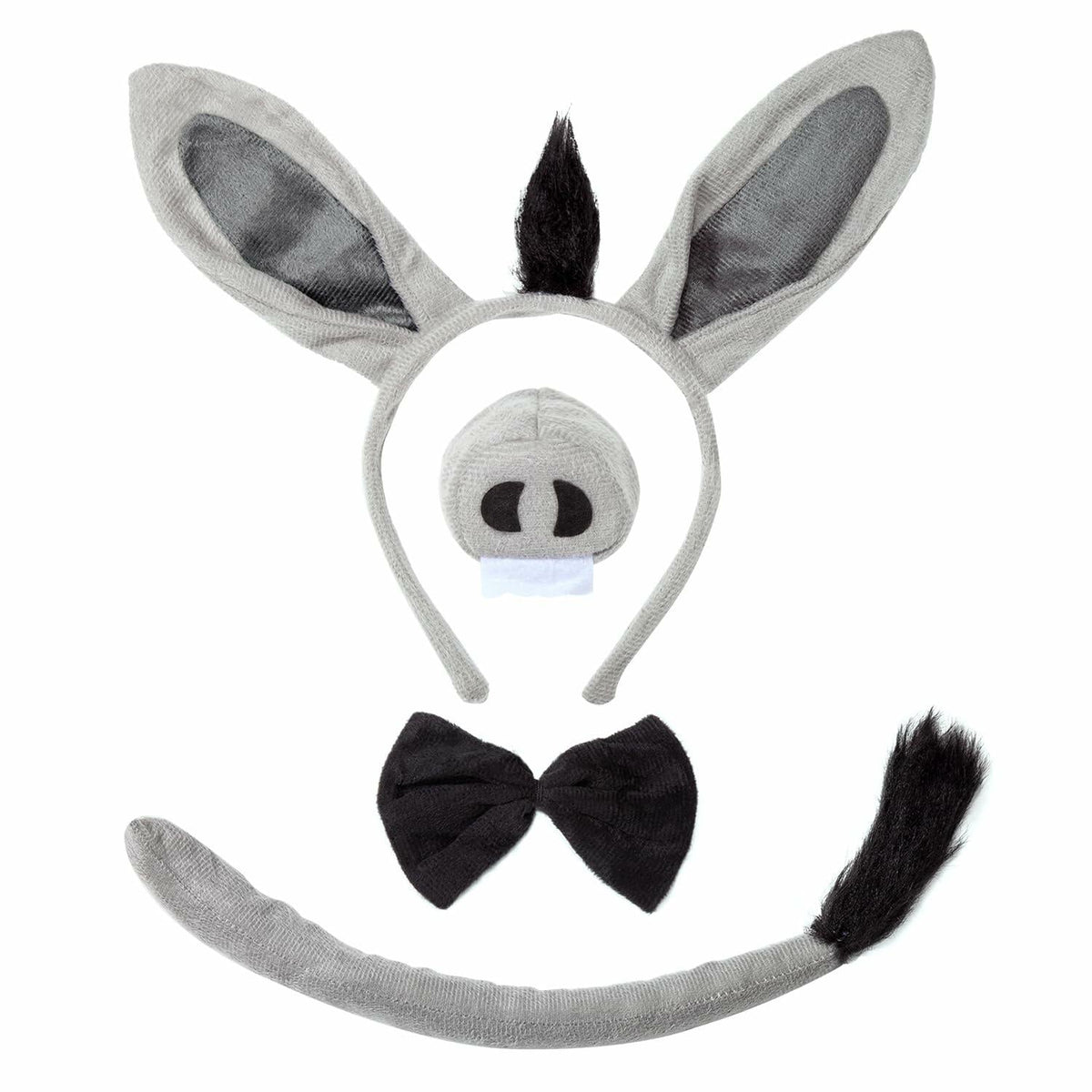 JIALWEN Set de disfraz de burro, orejas, nariz, cola, pajarita, kit de animal, gris, talla única