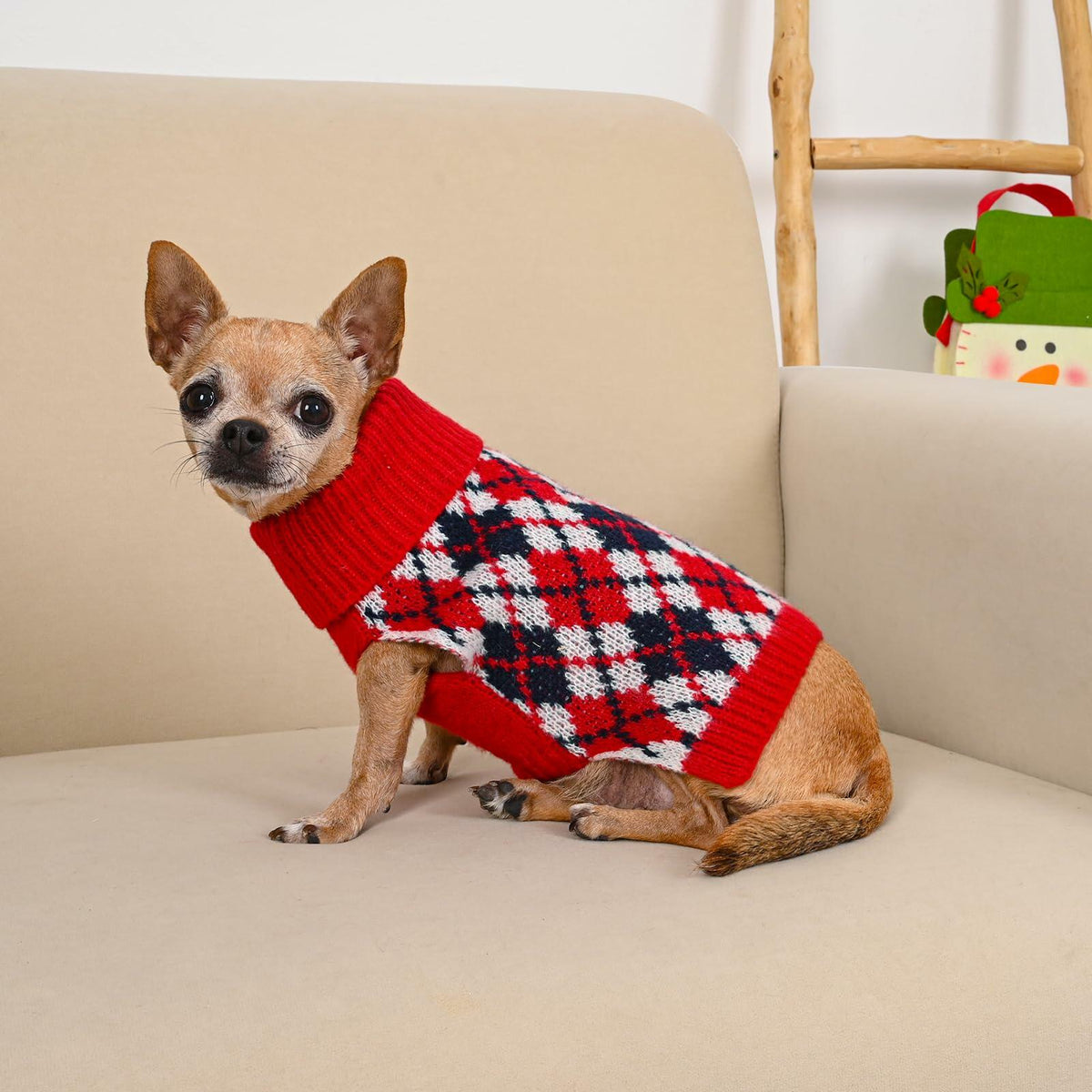 Suéter para perro KCFESTIHUE, tejido de punto con cuello alto, estampado de cuadros, rojo y azul, talla XS