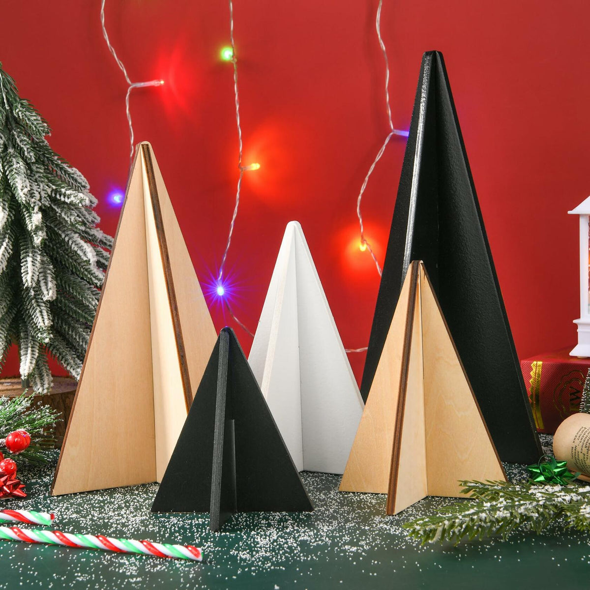 WHQXFDZ - Juego de 5 adornos navideños de madera para árbol, estilo granja, color blanco y negro