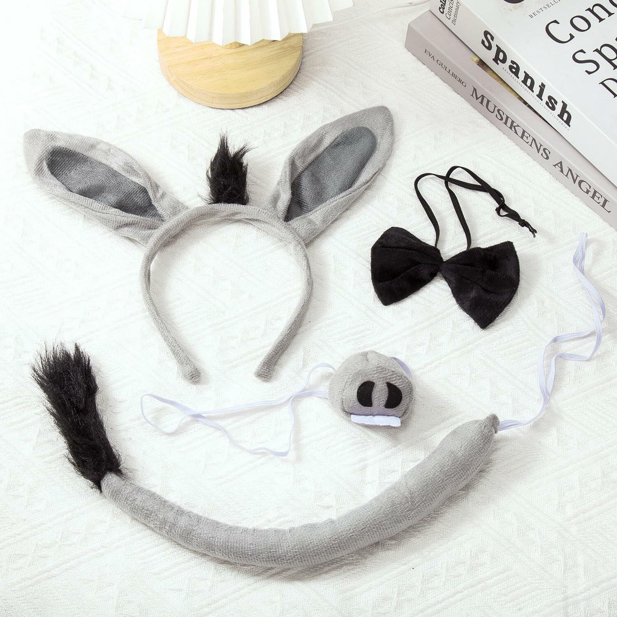 JIALWEN Set de disfraz de burro, orejas, nariz, cola, pajarita, kit de animal, gris, talla única