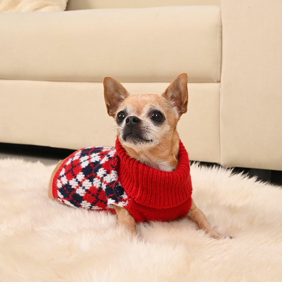 Suéter de punto con cuello de tortuga para perro KCFESTIHUE, diseño a cuadros, estilo pulóver, para invierno, color rojo y azul, talla S