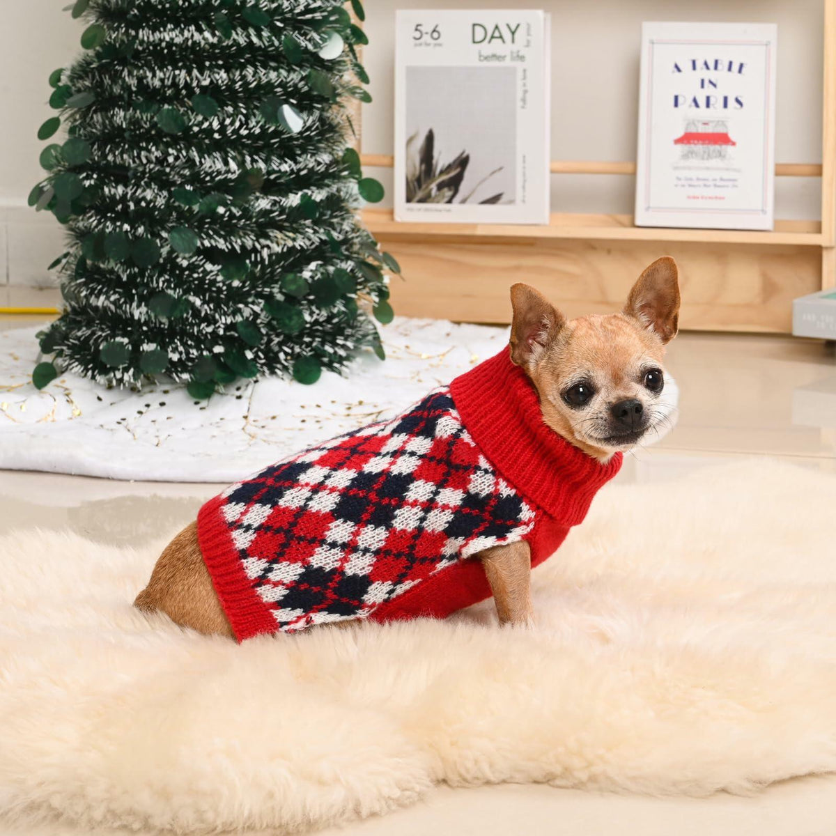 Suéter de punto con cuello de tortuga para perro KCFESTIHUE, diseño a cuadros, estilo pulóver, para invierno, color rojo y azul, talla S
