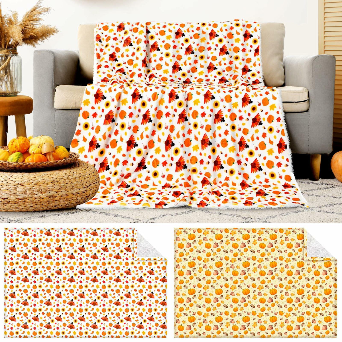 Manta de forro polar sherpa Fanfanwin, 2 piezas, diseño de calabaza, 51x59, multicolor, otoño