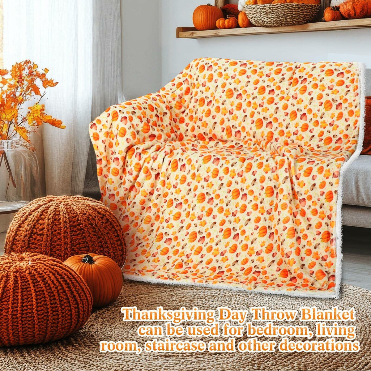 Manta de forro polar sherpa Fanfanwin, 2 piezas, diseño de calabaza, 51x59, multicolor, otoño