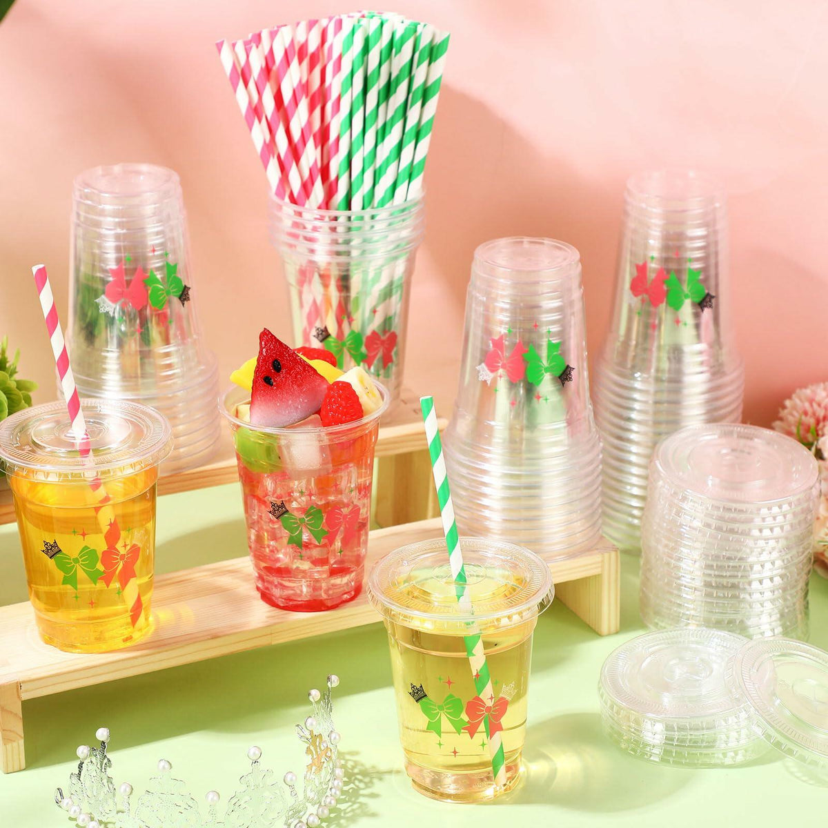 Paquete de 150 vasos de plástico de 12 oz Baderke para fiesta de princesa bruja, color rosa y verde