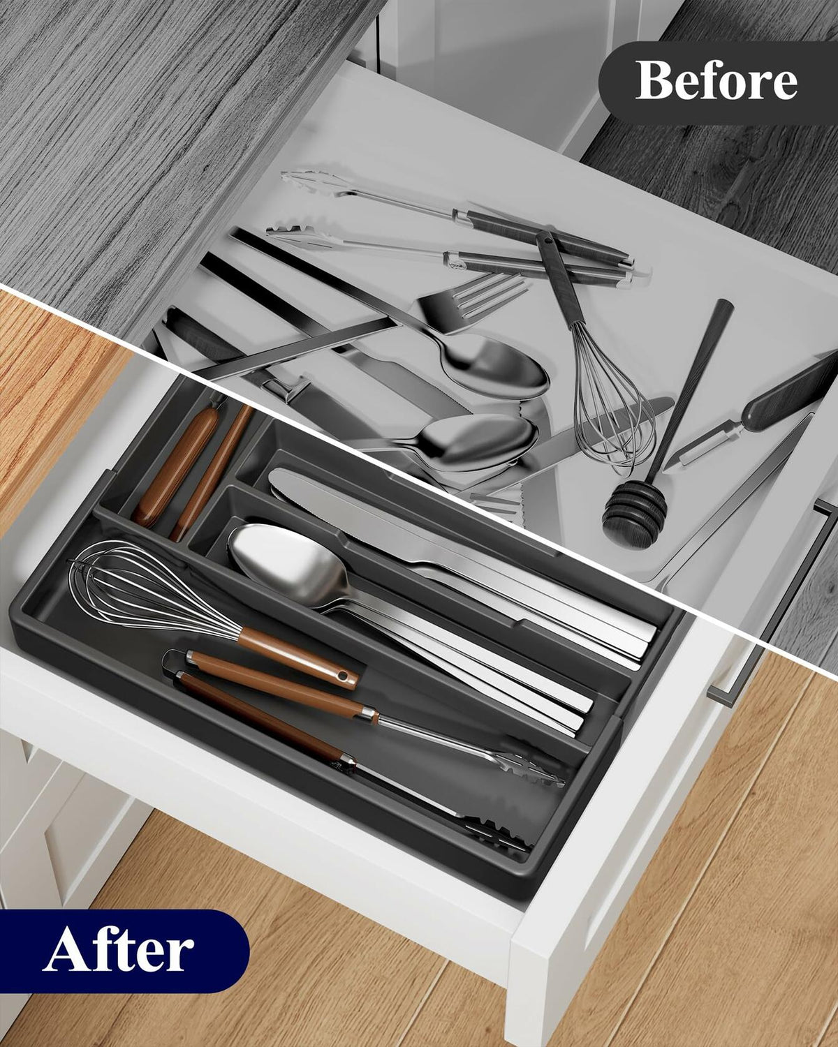 Organizador de cubiertos expandible para cajón Kitsure, 7 compartimentos, negro, 13.2x12.2x1.6