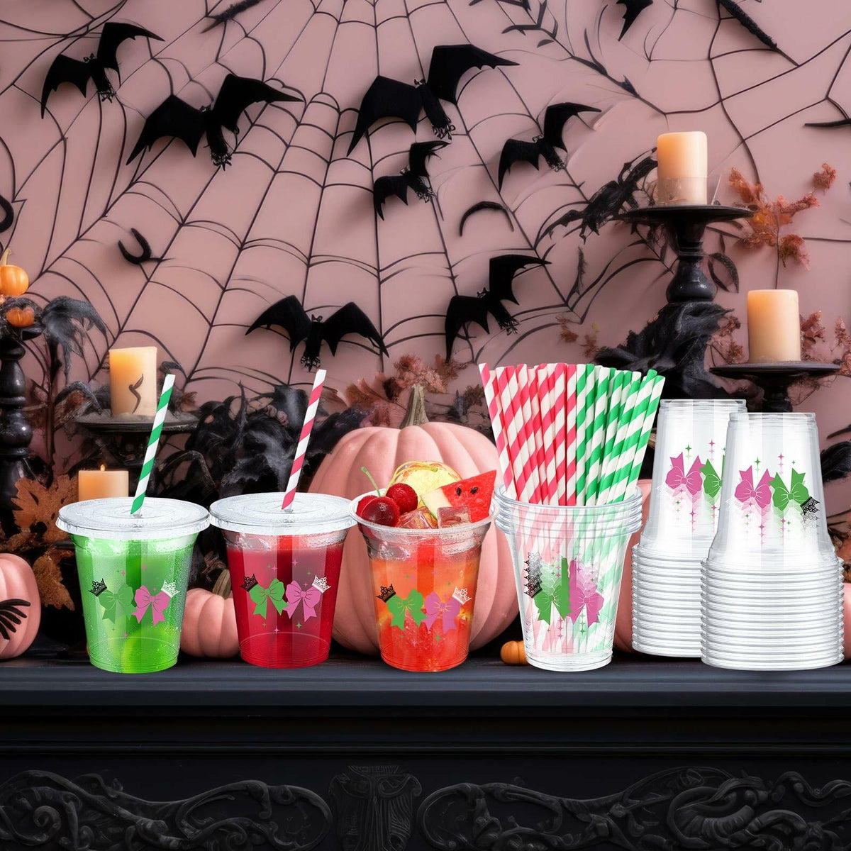 Paquete de 150 vasos de plástico de 12 oz Baderke para fiesta de princesa bruja, color rosa y verde