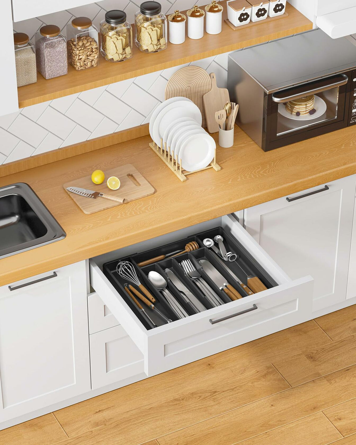 Organizador de cubiertos expandible para cajón Kitsure, 7 compartimentos, negro, 13.2x12.2x1.6