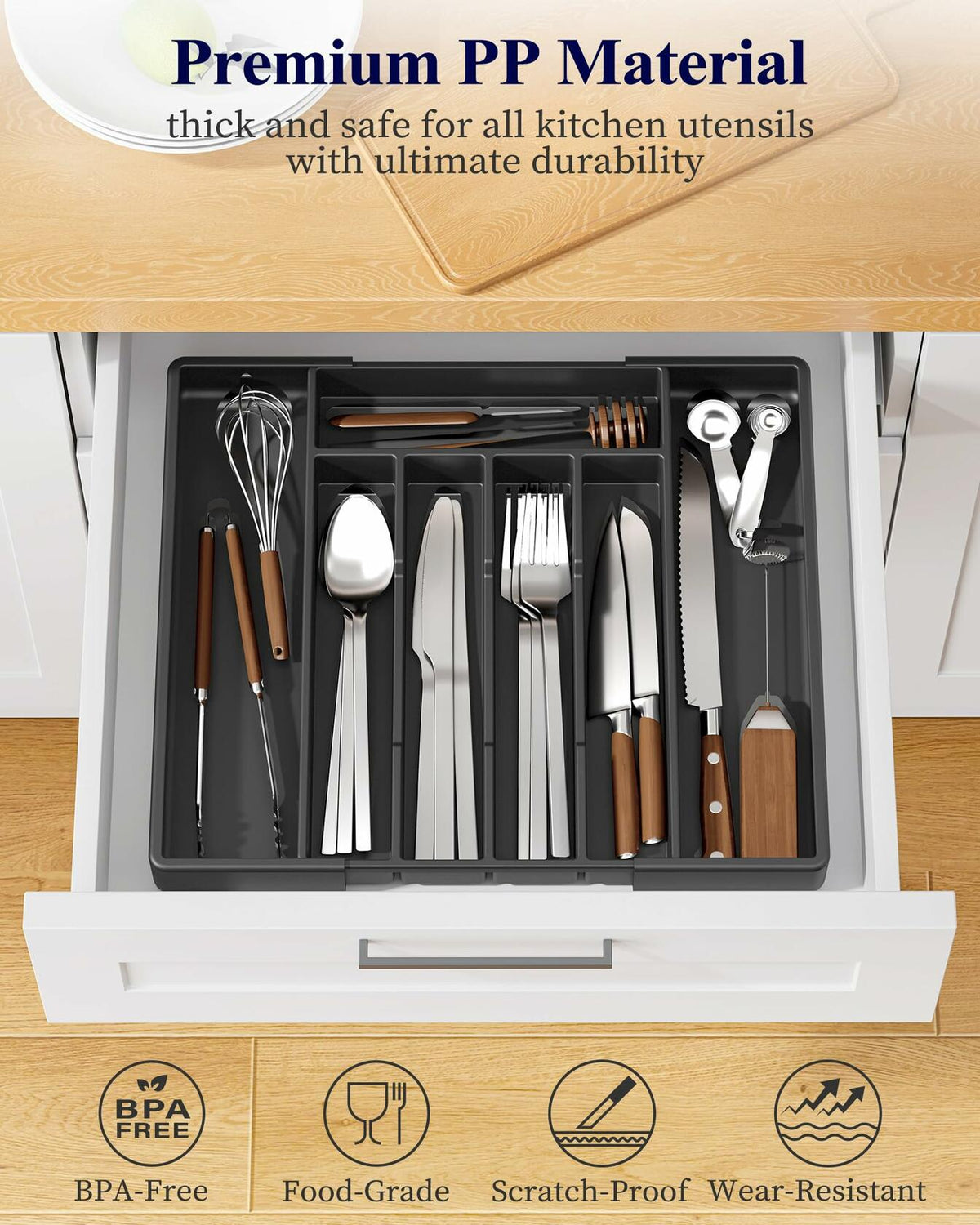 Organizador de cubiertos expandible para cajón Kitsure, 7 compartimentos, negro, 13.2x12.2x1.6