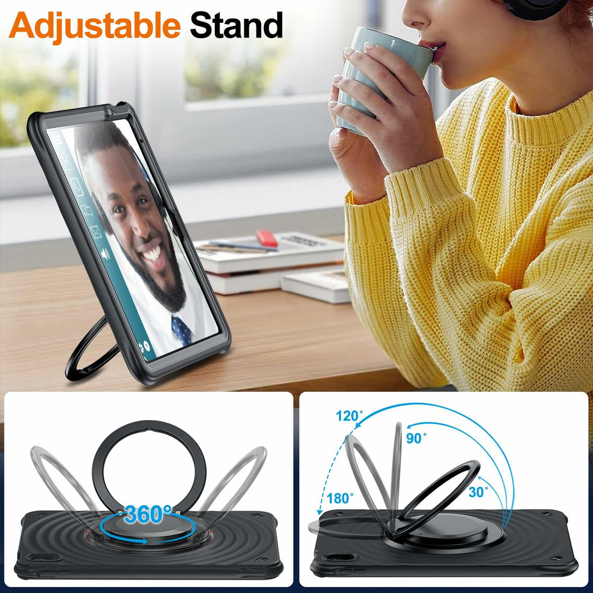 Funda Temdan para iPad de 11.ª gen. de 11"/10.ª gen. de 10,9", soporte giratorio de 360°, correa de mano, negra