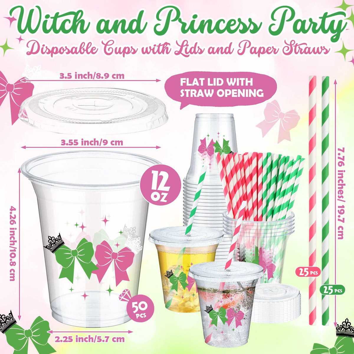Paquete de 150 vasos de plástico de 12 oz Baderke para fiesta de princesa bruja, color rosa y verde