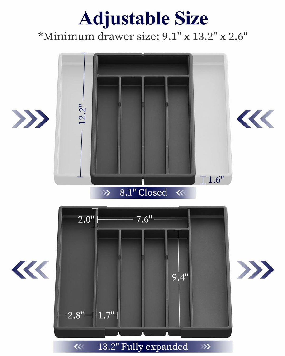 Organizador de cubiertos expandible para cajón Kitsure, 7 compartimentos, negro, 13.2x12.2x1.6