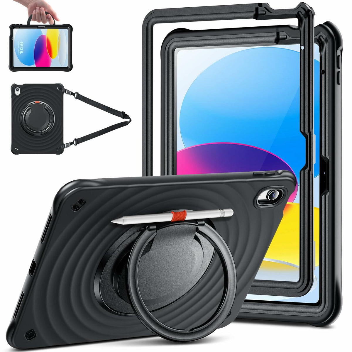 Funda Temdan para iPad de 11.ª gen. de 11"/10.ª gen. de 10,9", soporte giratorio de 360°, correa de mano, negra