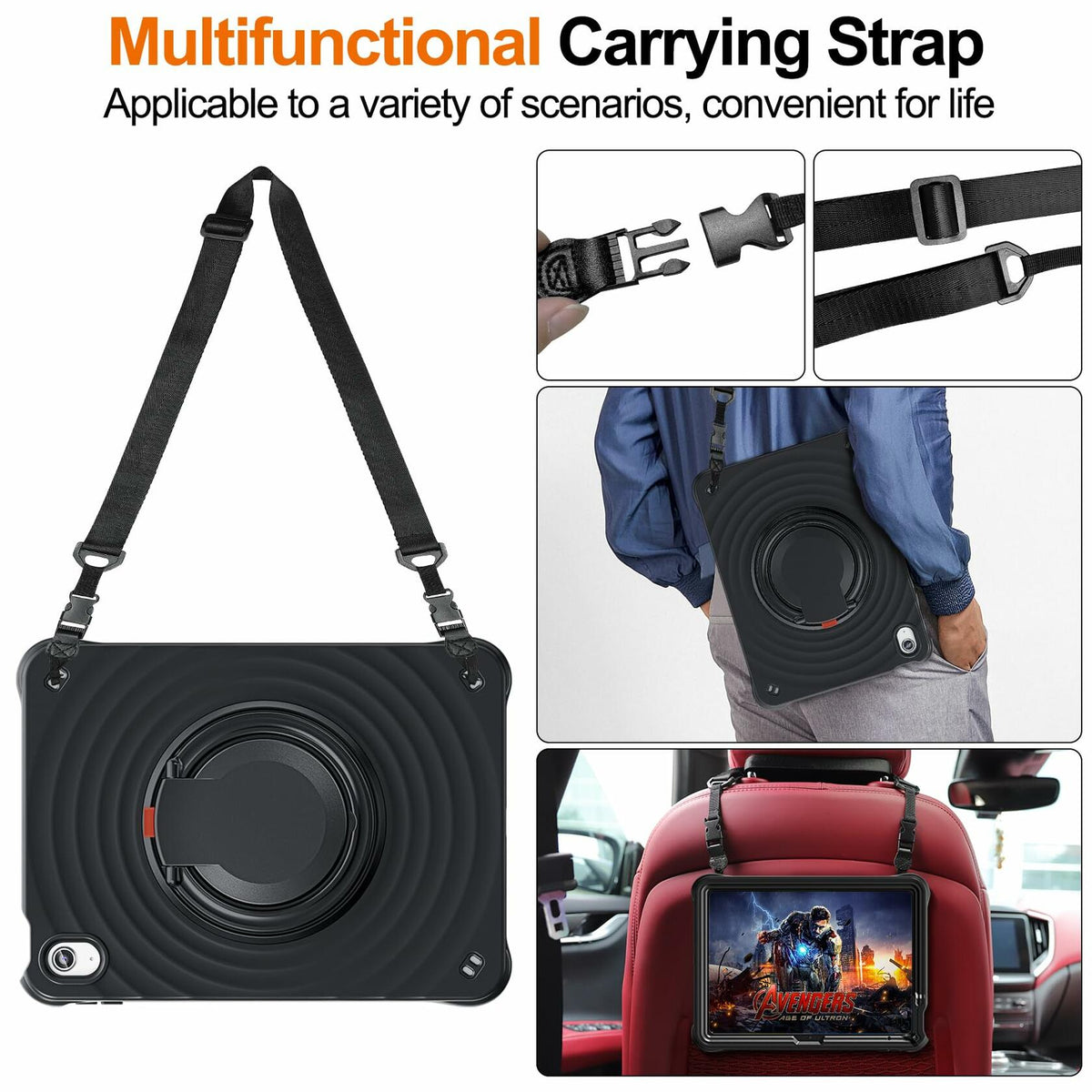 Funda Temdan para iPad de 11.ª gen. de 11"/10.ª gen. de 10,9", soporte giratorio de 360°, correa de mano, negra