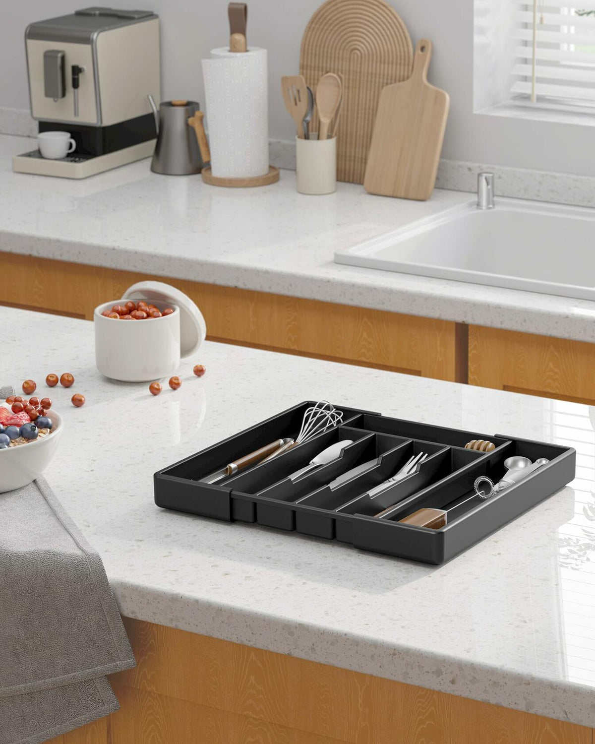 Organizador de cubiertos expandible para cajón Kitsure, 7 compartimentos, negro, 13.2x12.2x1.6
