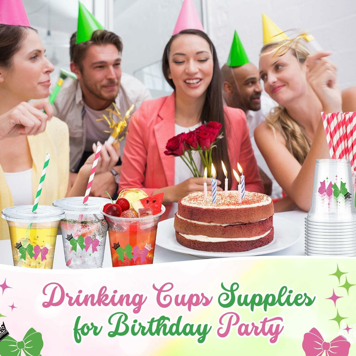 Paquete de 150 vasos de plástico de 12 oz Baderke para fiesta de princesa bruja, color rosa y verde