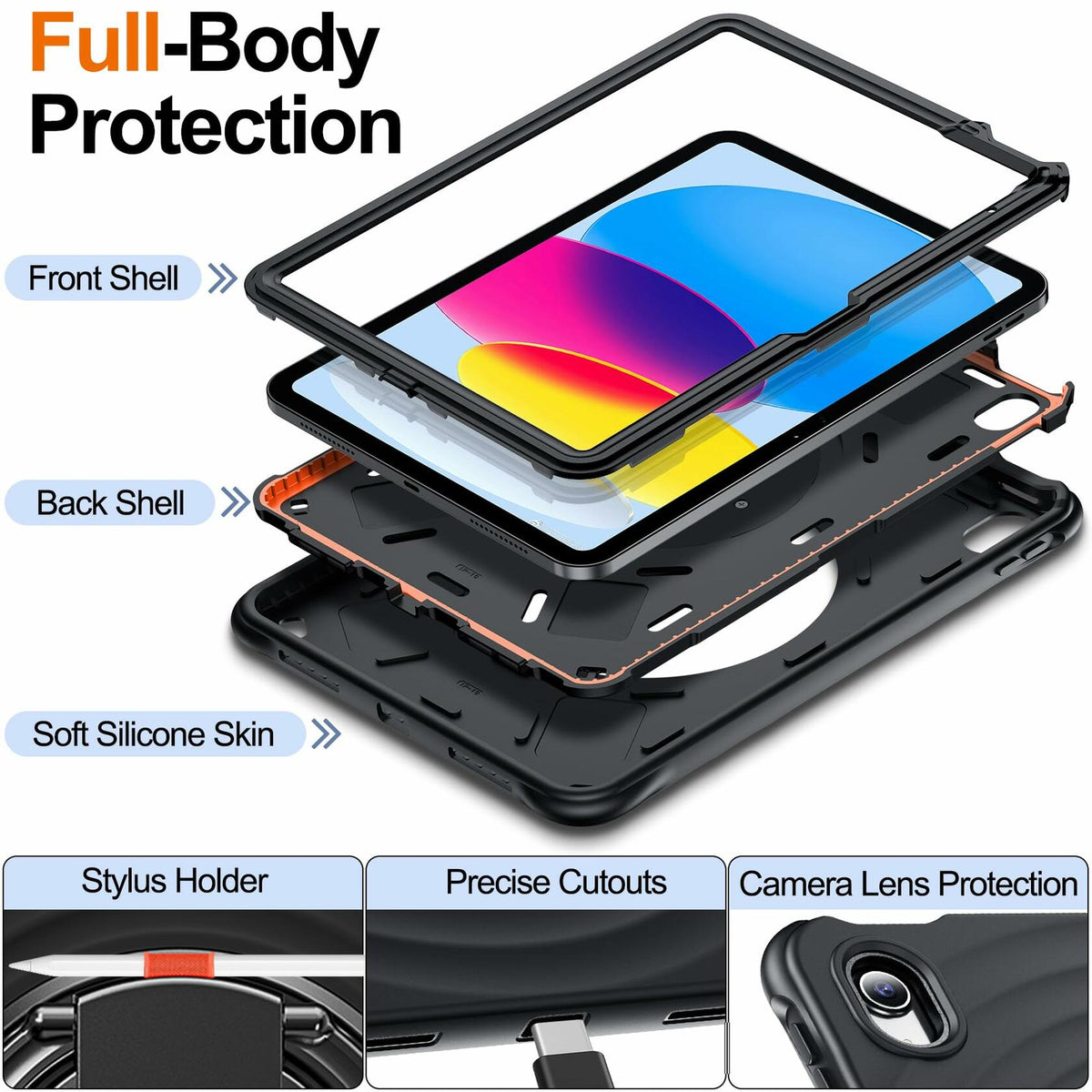 Funda Temdan para iPad de 11.ª gen. de 11"/10.ª gen. de 10,9", soporte giratorio de 360°, correa de mano, negra