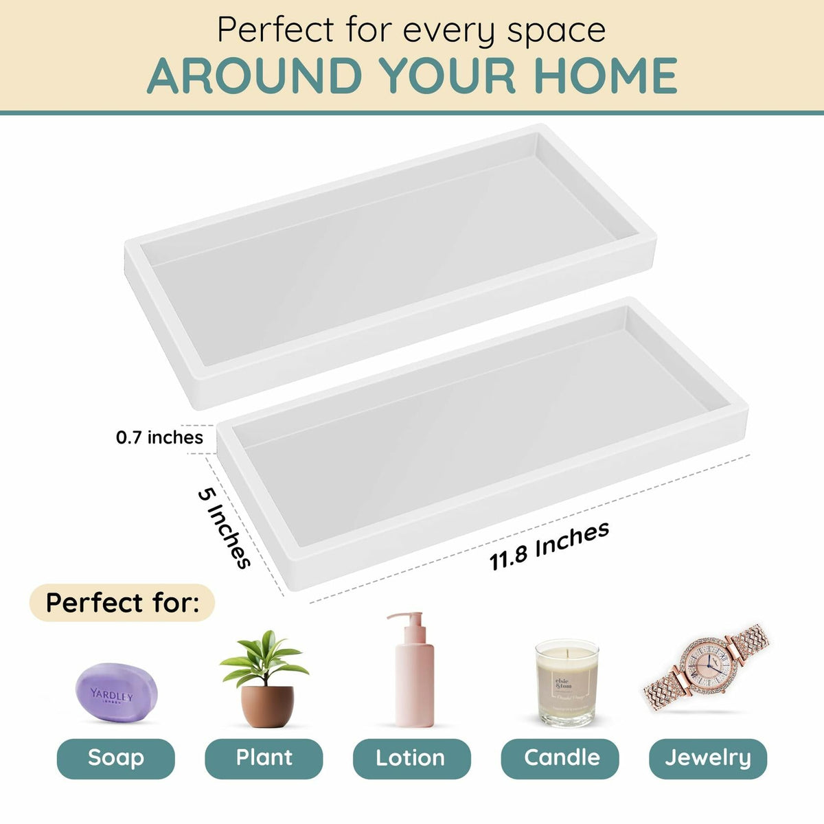 Bandeja de silicona para encimera Lavatoria, organizador de baño pequeño de 2 piezas, blanco