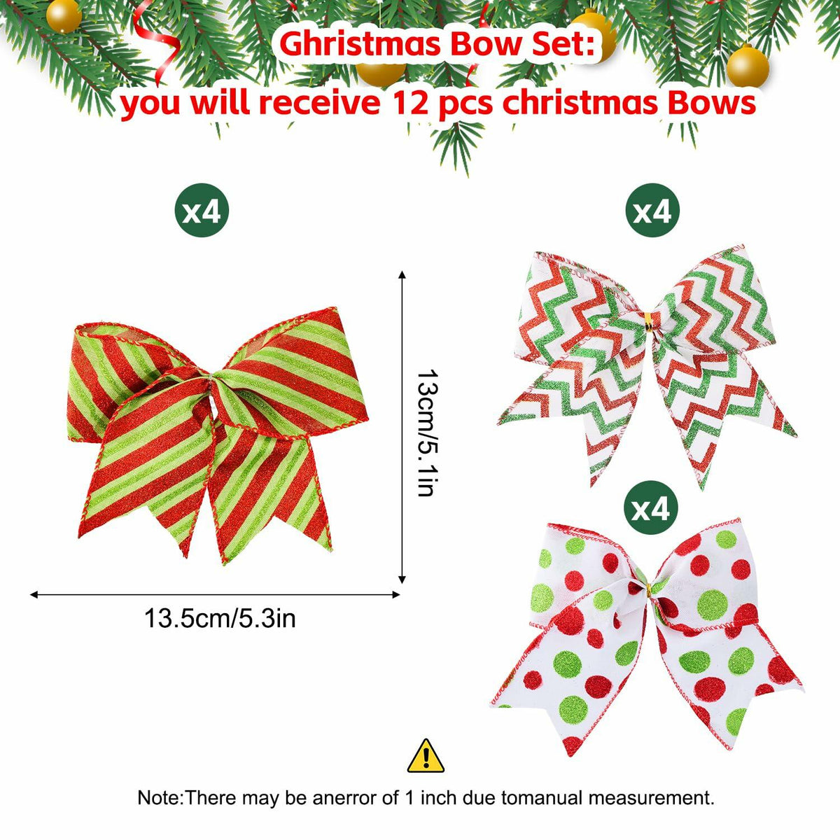 PEMIDA 12 lazos de Navidad con rayas onduladas de 5 pulgadas, puntos rojos y verdes