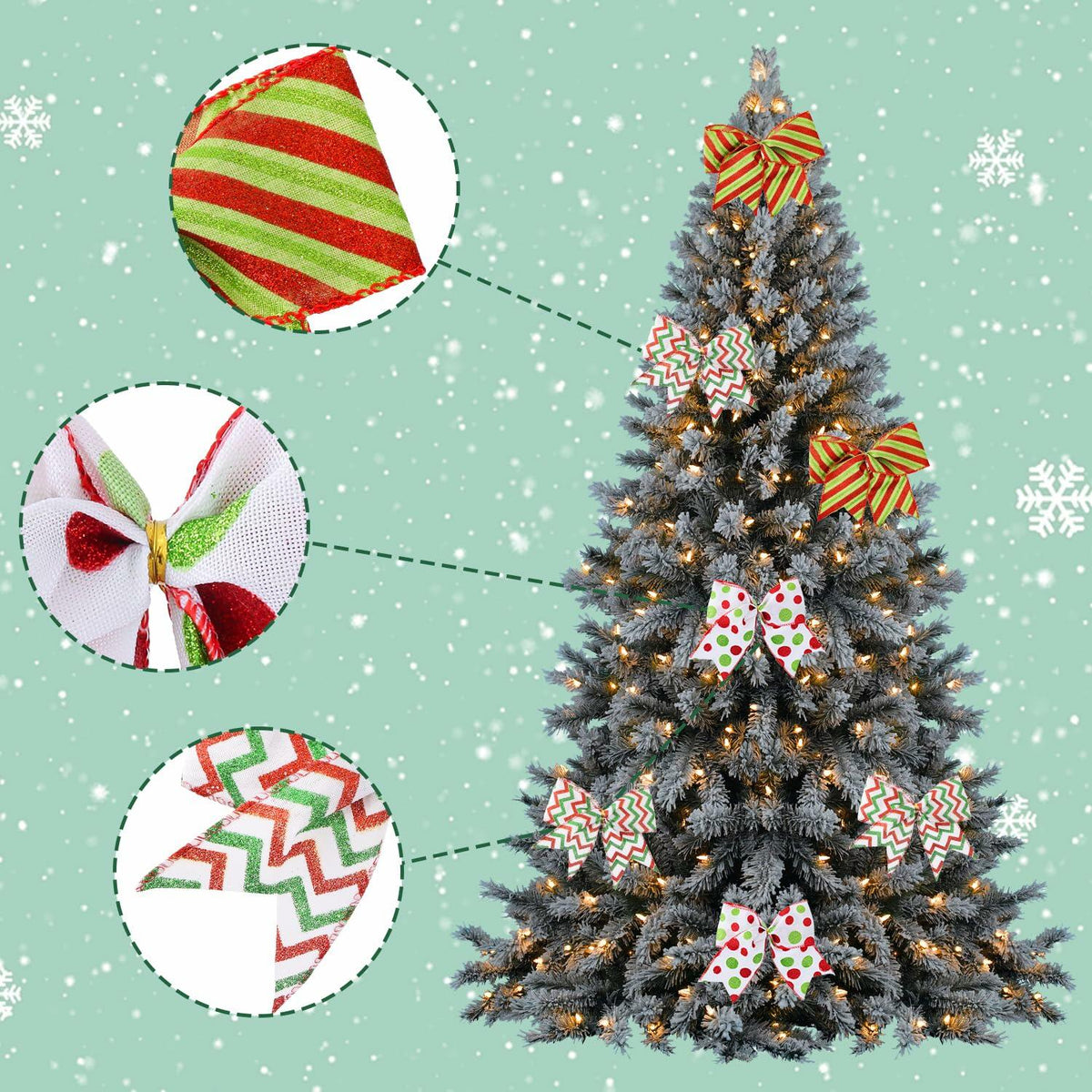 PEMIDA 12 lazos de Navidad con rayas onduladas de 5 pulgadas, puntos rojos y verdes