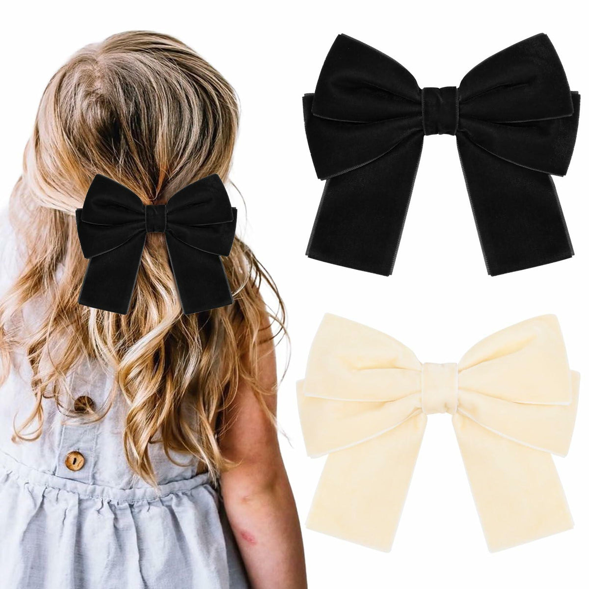 Aileam - Juego de 2 lazos de terciopelo para el cabello con pinzas tipo caimán, colores negro y beige