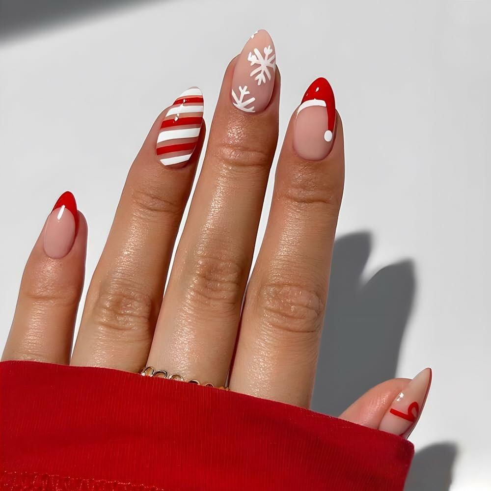 TANYOOTO Uñas postizas navideñas, almendradas medianas, multicolor, con copos de nieve y lazos