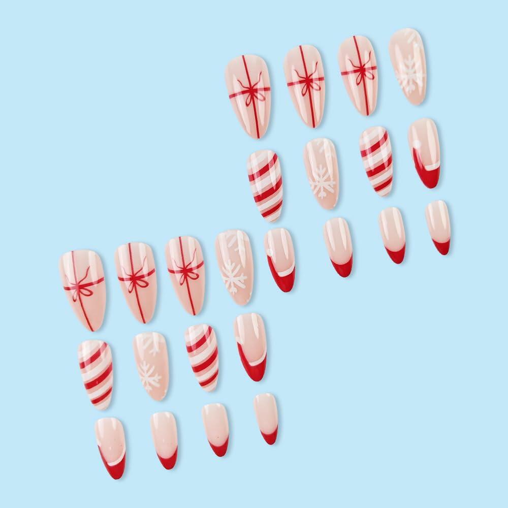 TANYOOTO Uñas postizas navideñas, almendradas medianas, multicolor, con copos de nieve y lazos
