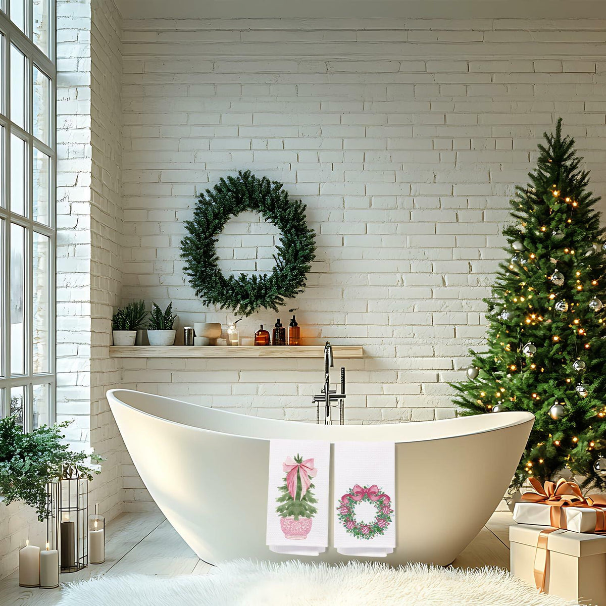 Juego de 2 paños de cocina navideños SPBL&L con diseño de árbol y lazo rosa estilo chinoiserie, 16x24