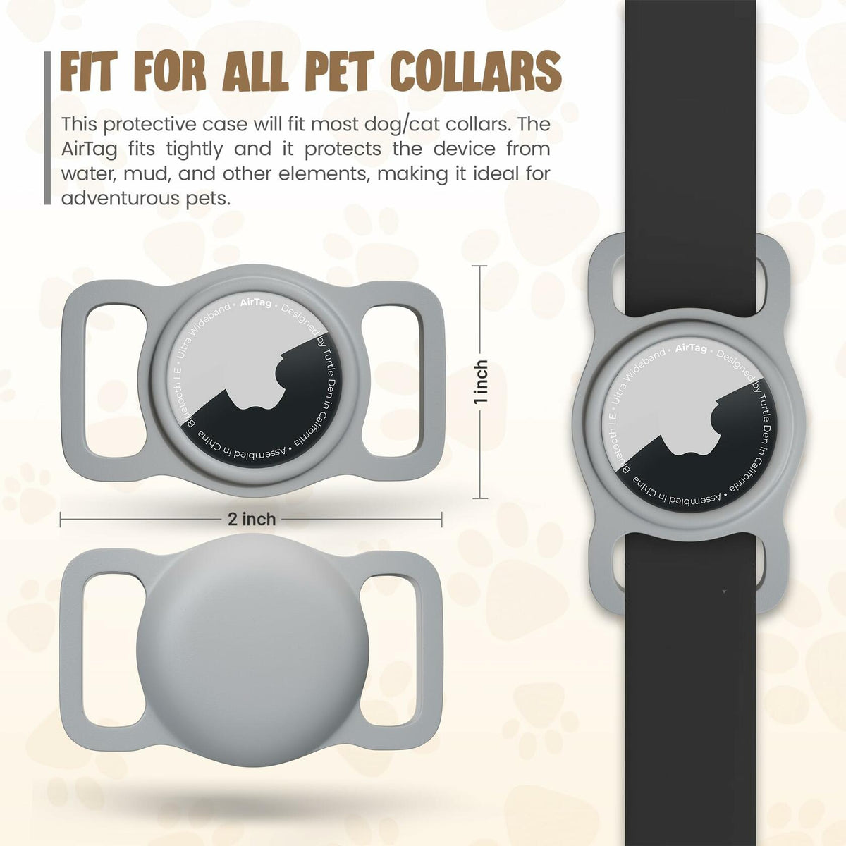 Soporte para AirTag de Turtle Den para collar de perro, de goma impermeable, paquete de 2, blanco
