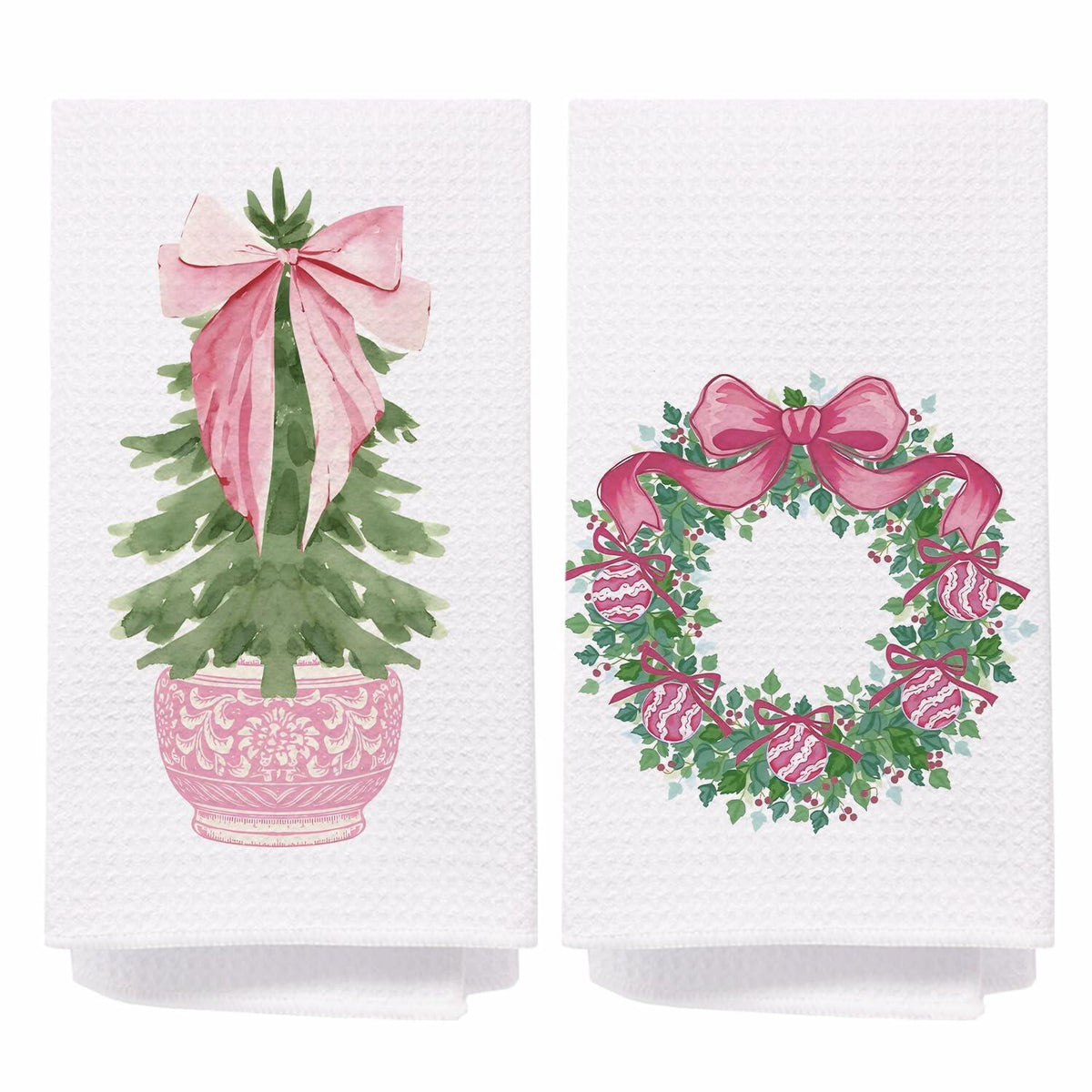 Juego de 2 paños de cocina navideños SPBL&L con diseño de árbol y lazo rosa estilo chinoiserie, 16x24
