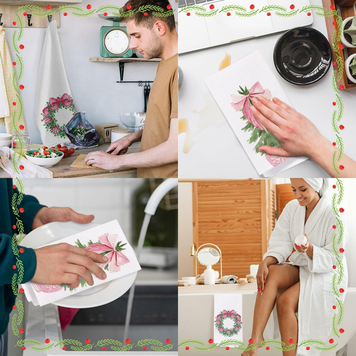 Juego de 2 paños de cocina navideños SPBL&L con diseño de árbol y lazo rosa estilo chinoiserie, 16x24