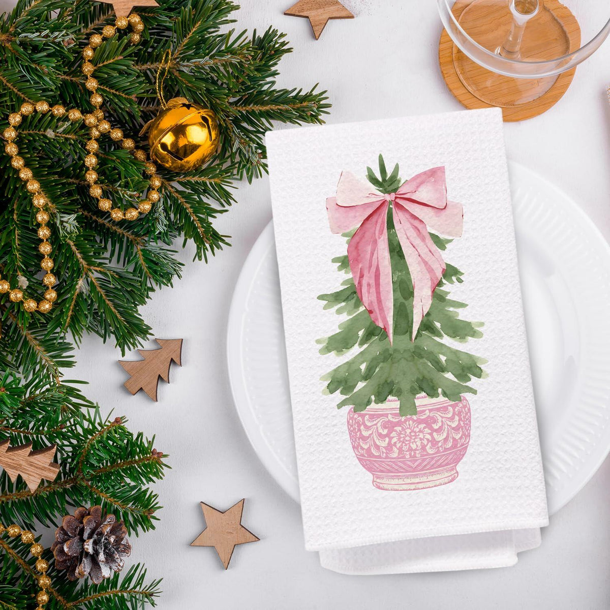 Juego de 2 paños de cocina navideños SPBL&L con diseño de árbol y lazo rosa estilo chinoiserie, 16x24